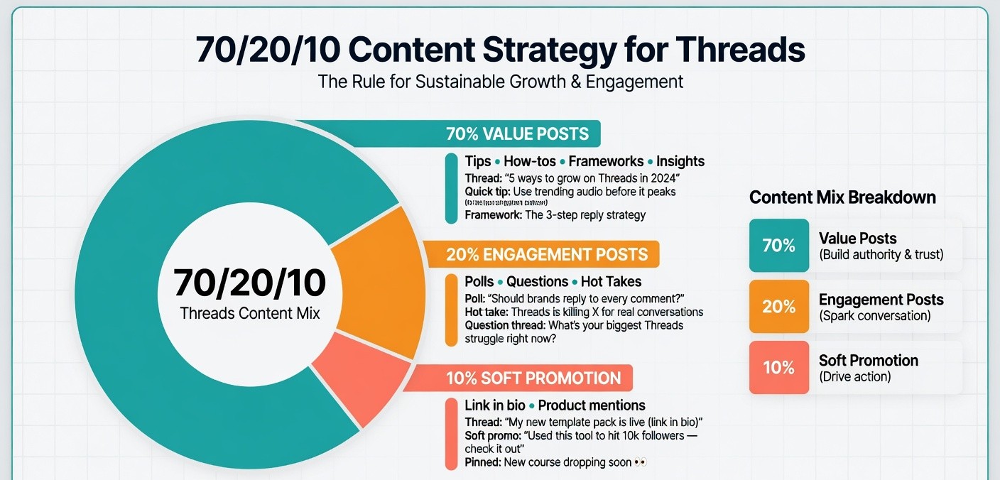 The 70/20/10 content strategy framework for Threads: value posts, engagement, and soft promotion