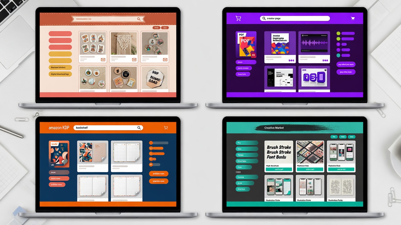 Comparison of four digital product marketplaces: Etsy, Gumroad, Amazon KDP, and Creative Market on laptop screens