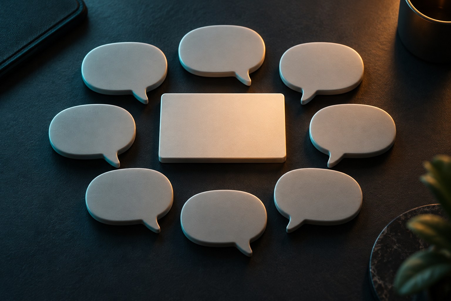 Cluster of identical blank speech-bubble shapes around one highlighted post card on a dark desk