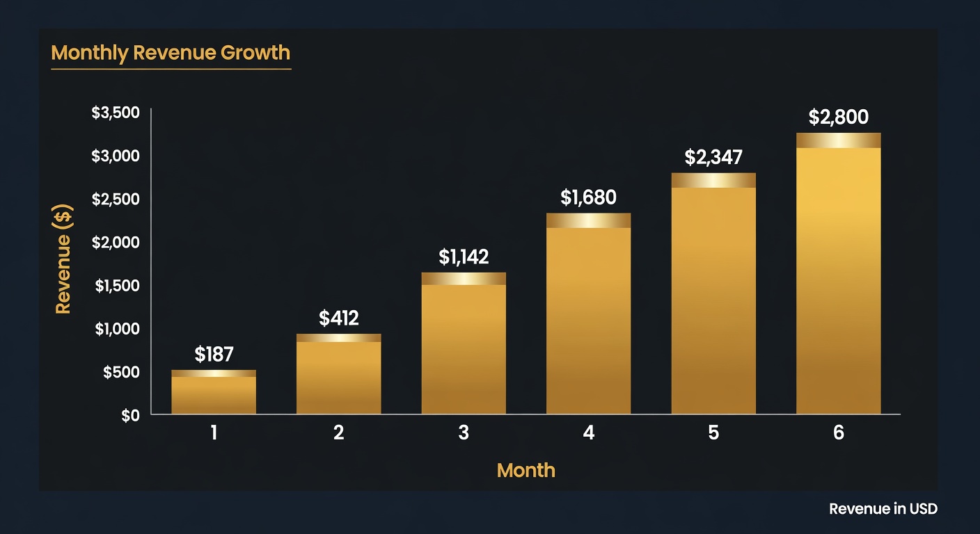 Monthly revenue growth bar chart showing progression from $187 to $2800 over six months