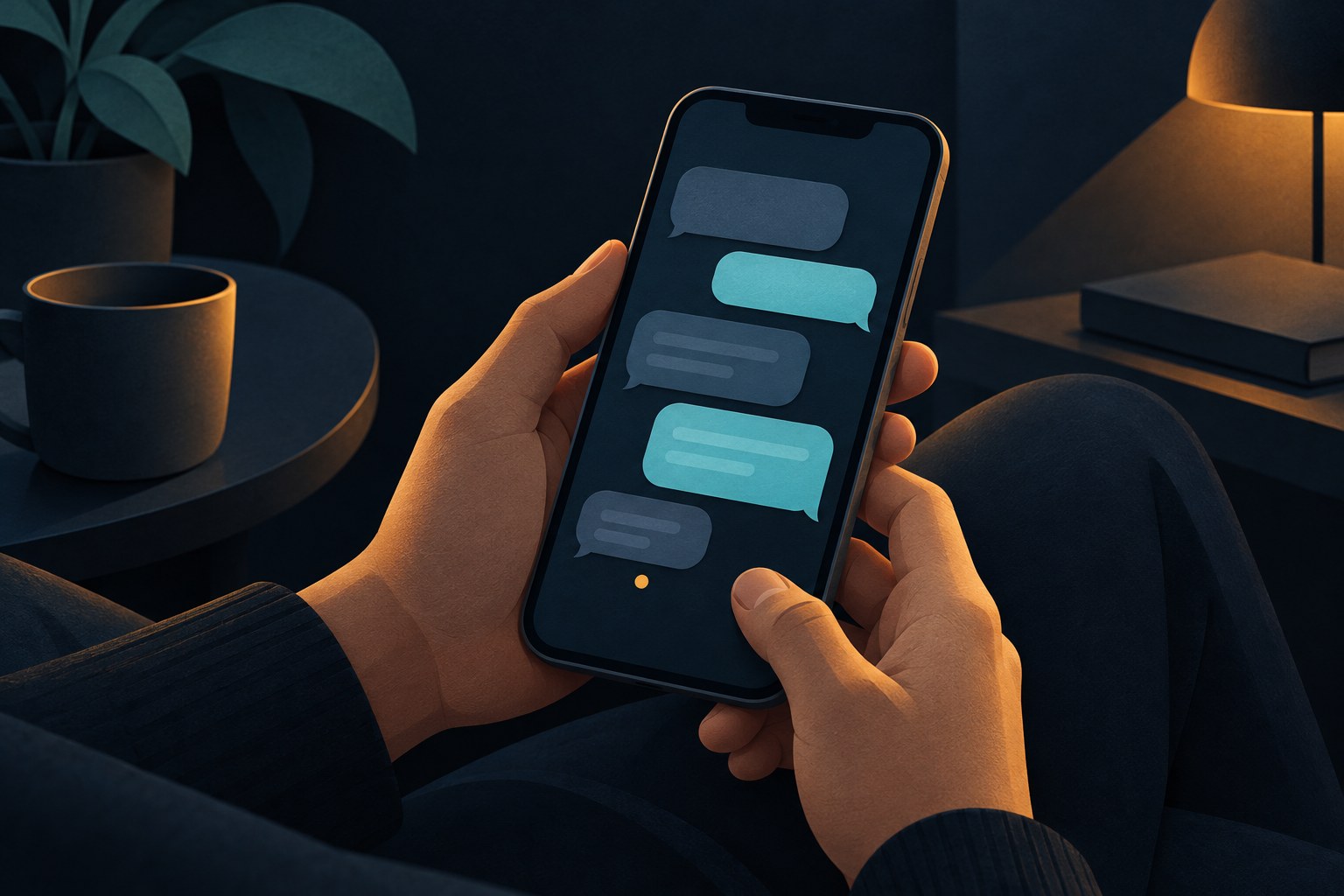 A person holding a phone showing a private messaging thread, with a small indicator below the last sent message