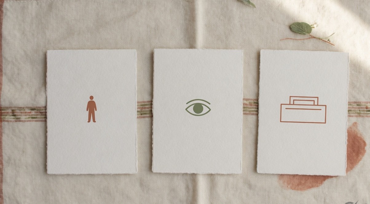 Three blank paper cards in a row on a linen surface, each with one small minimalist icon: a person silhouette, an open eye, and a small box shape