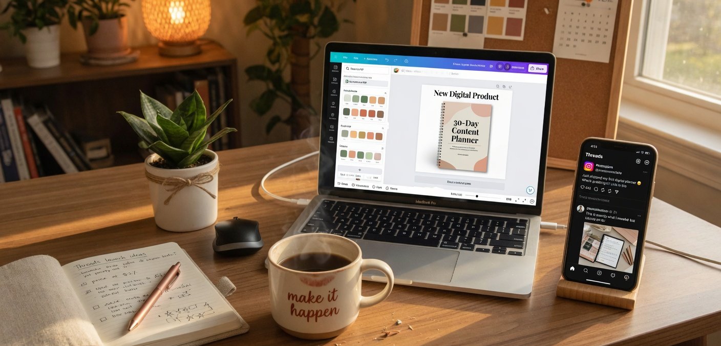 Faceless home office setup with laptop showing digital product creation and Threads app on smartphone