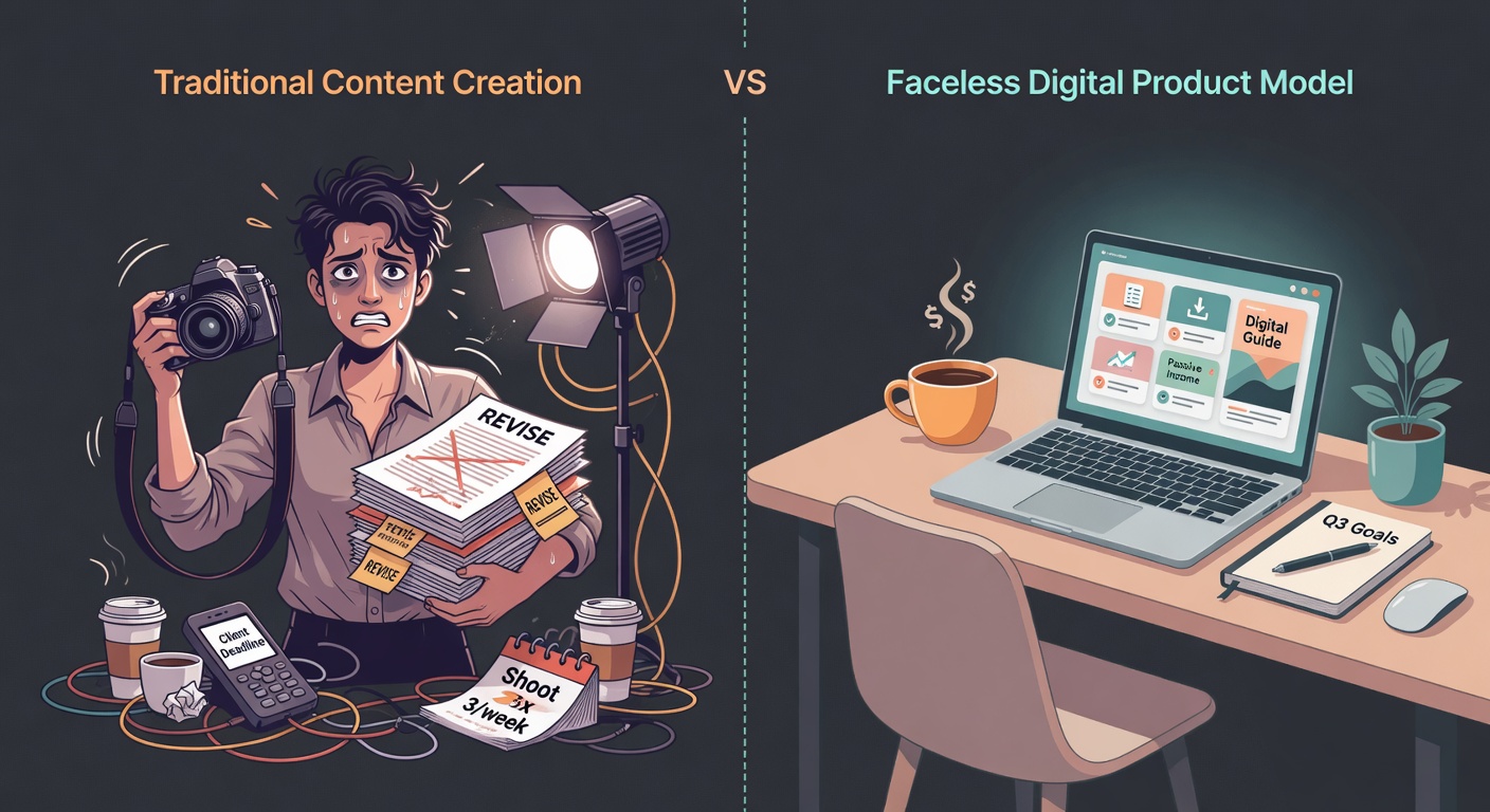 Comparison of traditional content creation versus faceless digital product model
