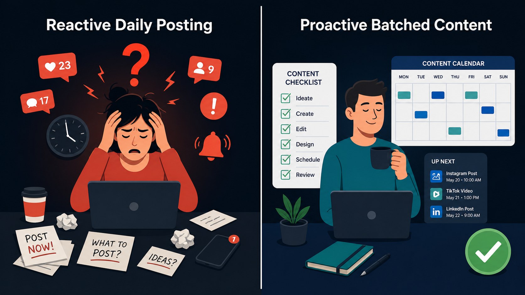 Side by side comparison of reactive daily posting versus proactive batched Threads content