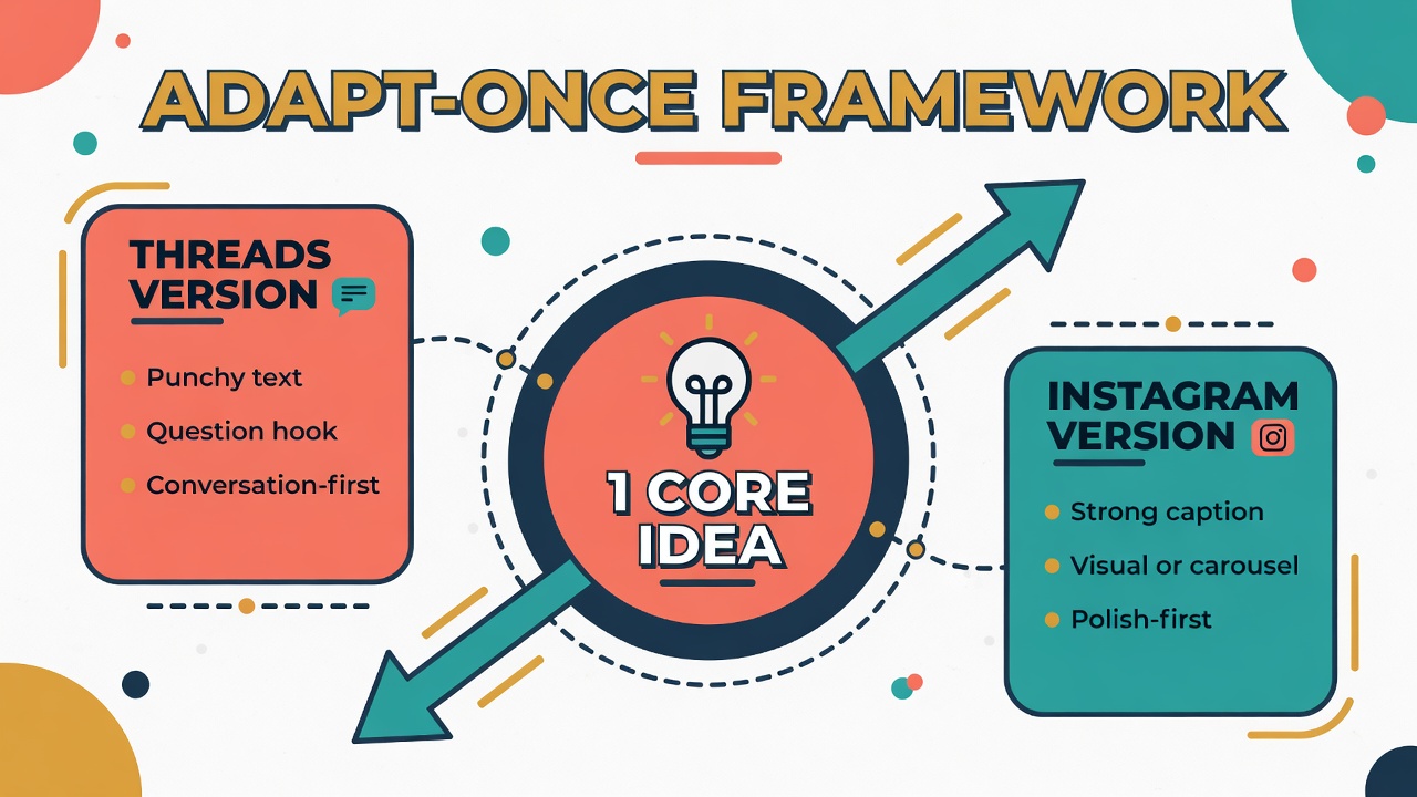 Adapt-once framework diagram showing one core idea branching into a Threads version and an Instagram version