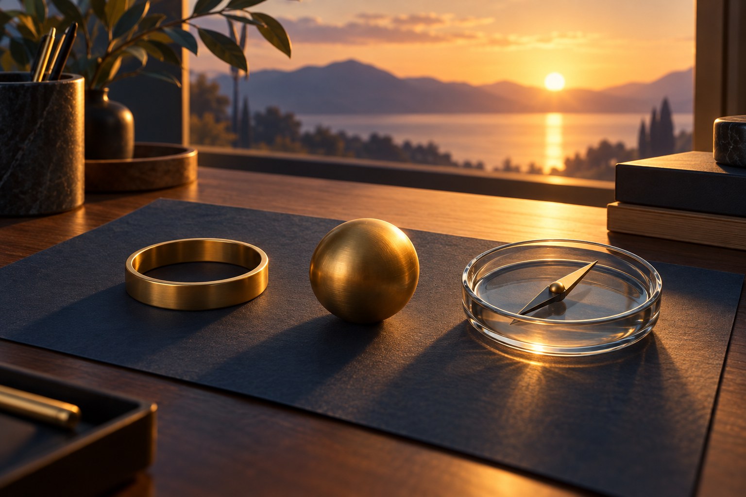 A sunrise over a tidy desk with simple brass measuring instruments aligned in a row
