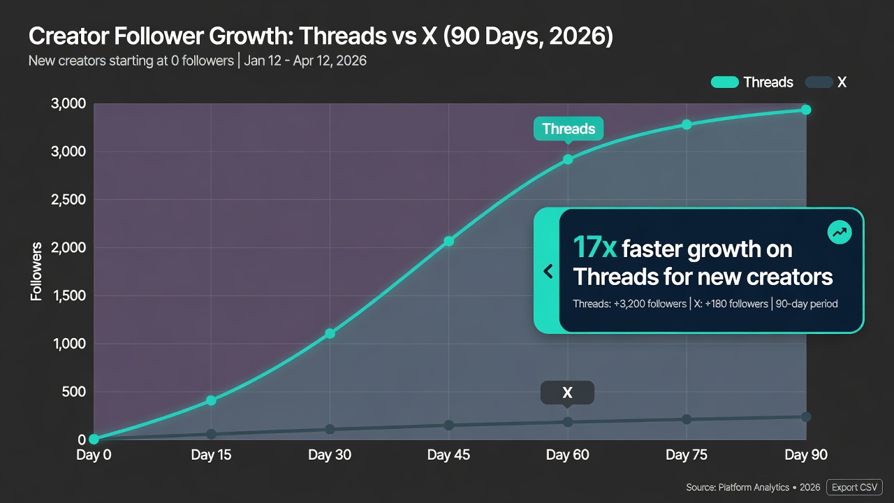 Creator growth results on Threads vs X over 90 days in 2026