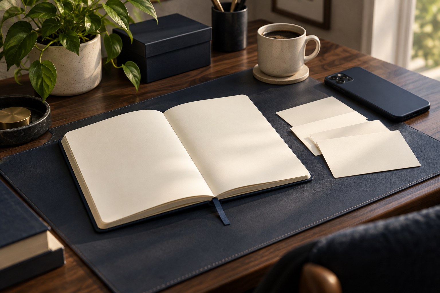 A tidy desk with an open blank-page notebook, a few plain cream cards, a phone face-down, and a small plant, in morning light