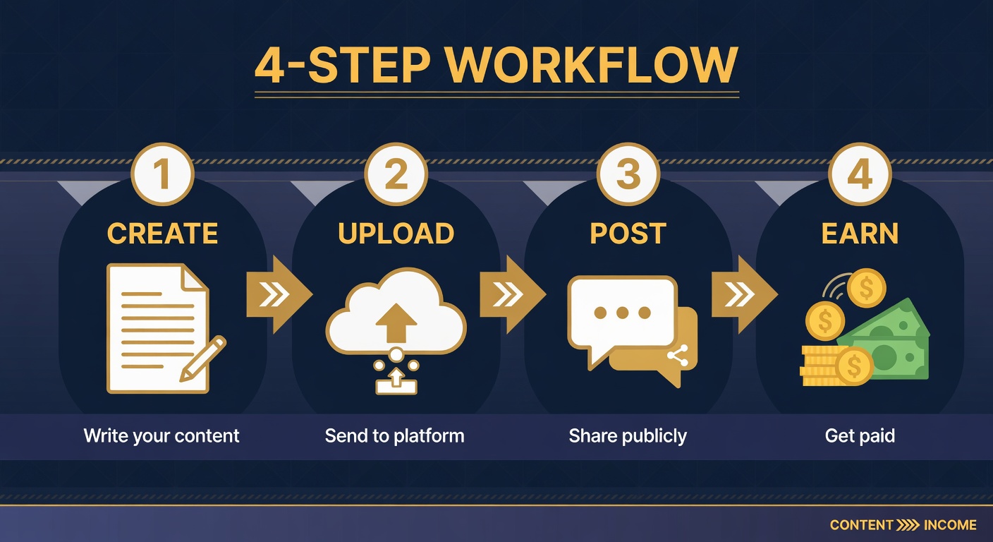 Four step workflow diagram showing create upload post and earn process for digital products