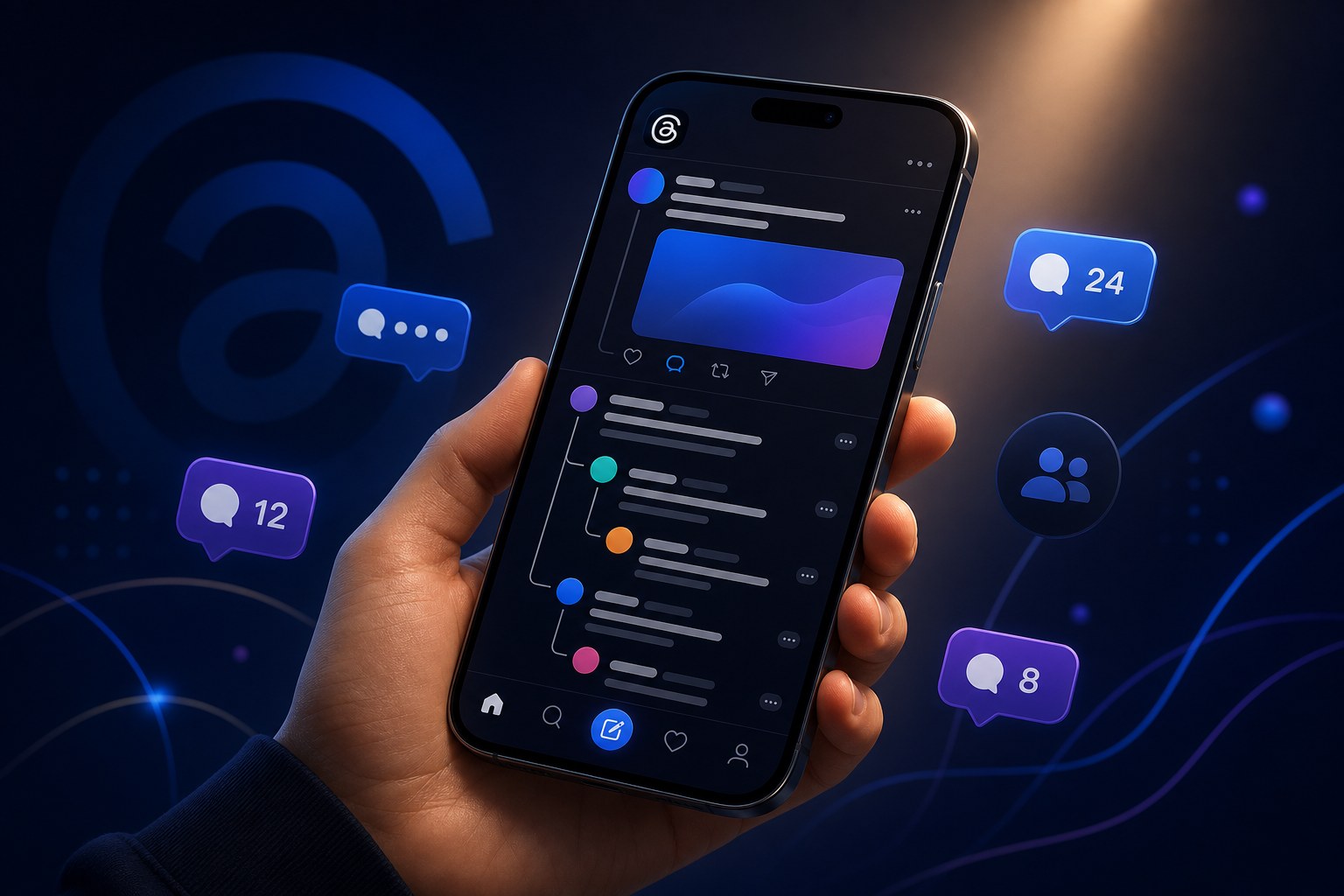 Person engaging with Threads replies on phone showing active conversations