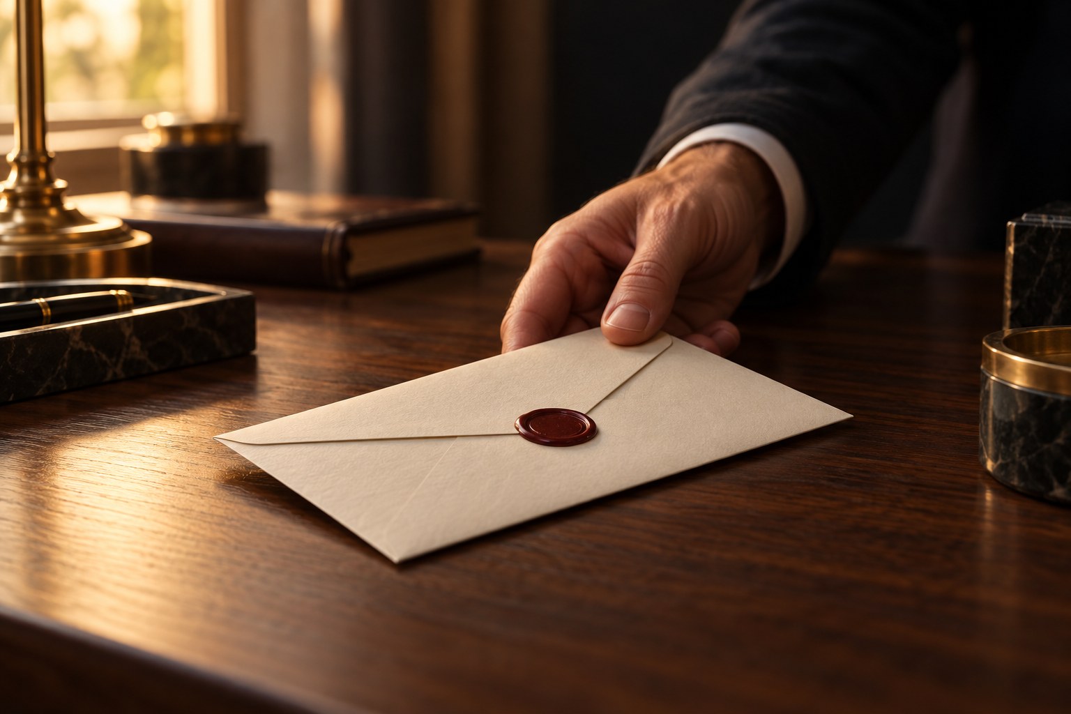 A hand politely sliding an unopened brand offer envelope back across a wooden desk, warm side light