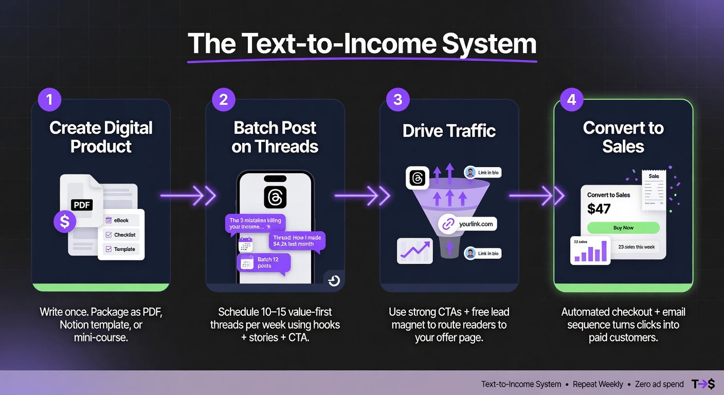 Four-step workflow diagram titled Text-to-Income System showing product creation, batch posting, traffic, and sales