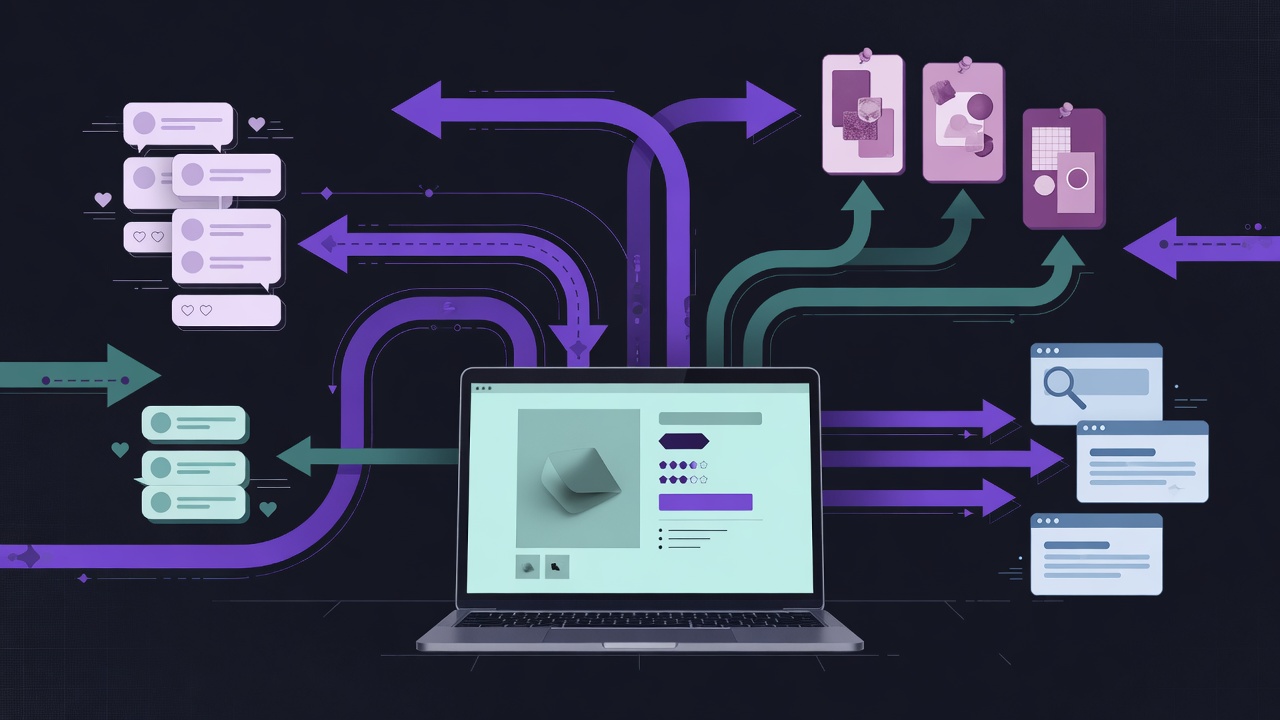 Multiple free traffic channels including Threads, Pinterest, and search engines converging to drive buyers to digital products