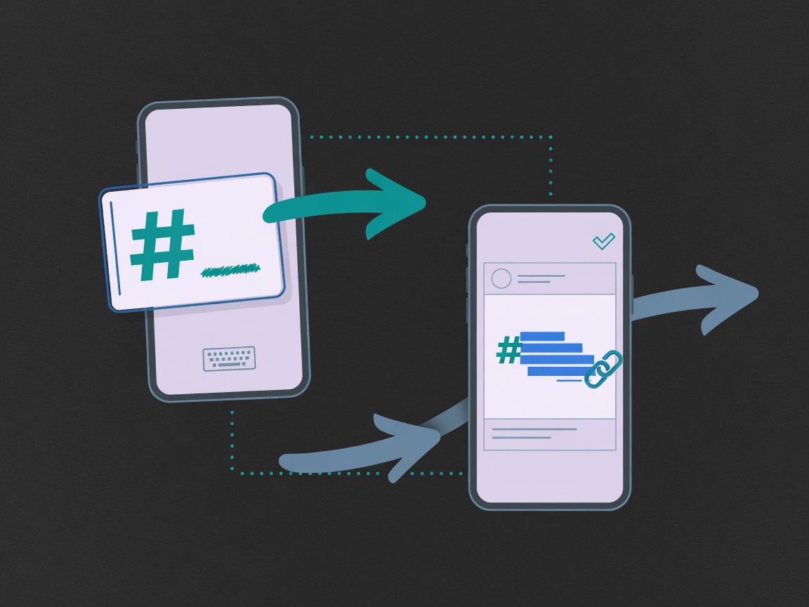 Step-by-step illustration of adding a topic tag in the Threads composer, from typing to blue linked phrase