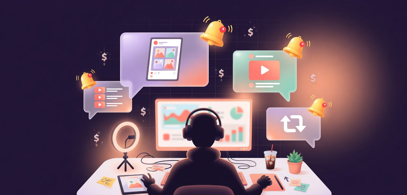Faceless content creator working at desk with floating social media notifications and earnings indicators