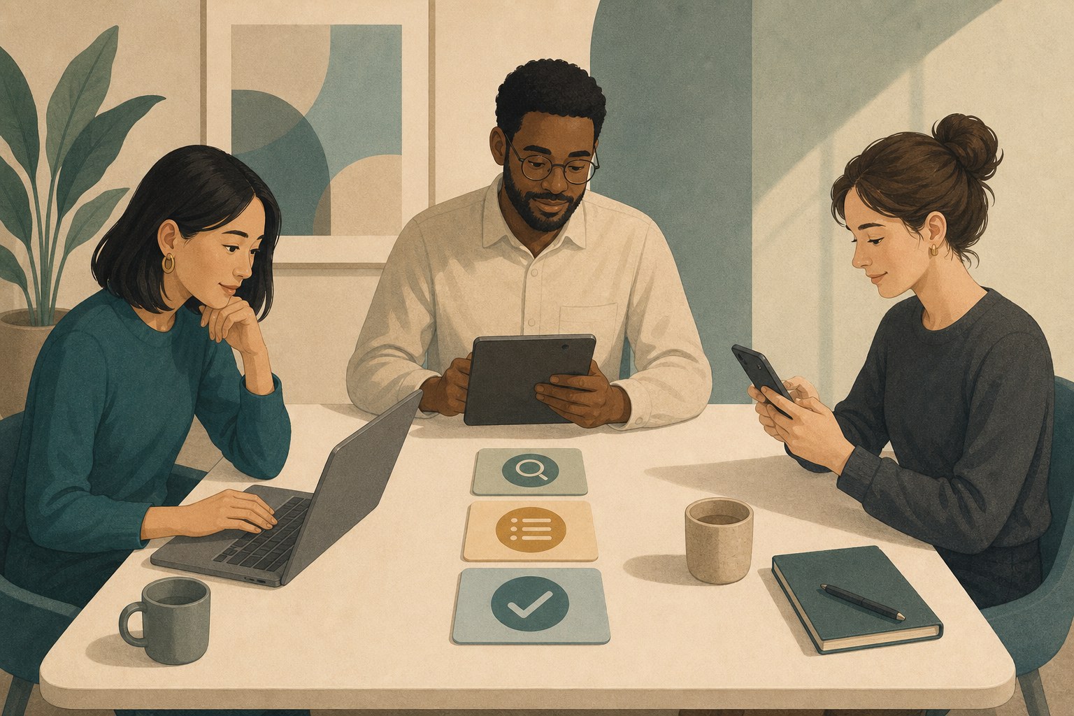 Three people collaborating around a minimalist table with devices and content review cards