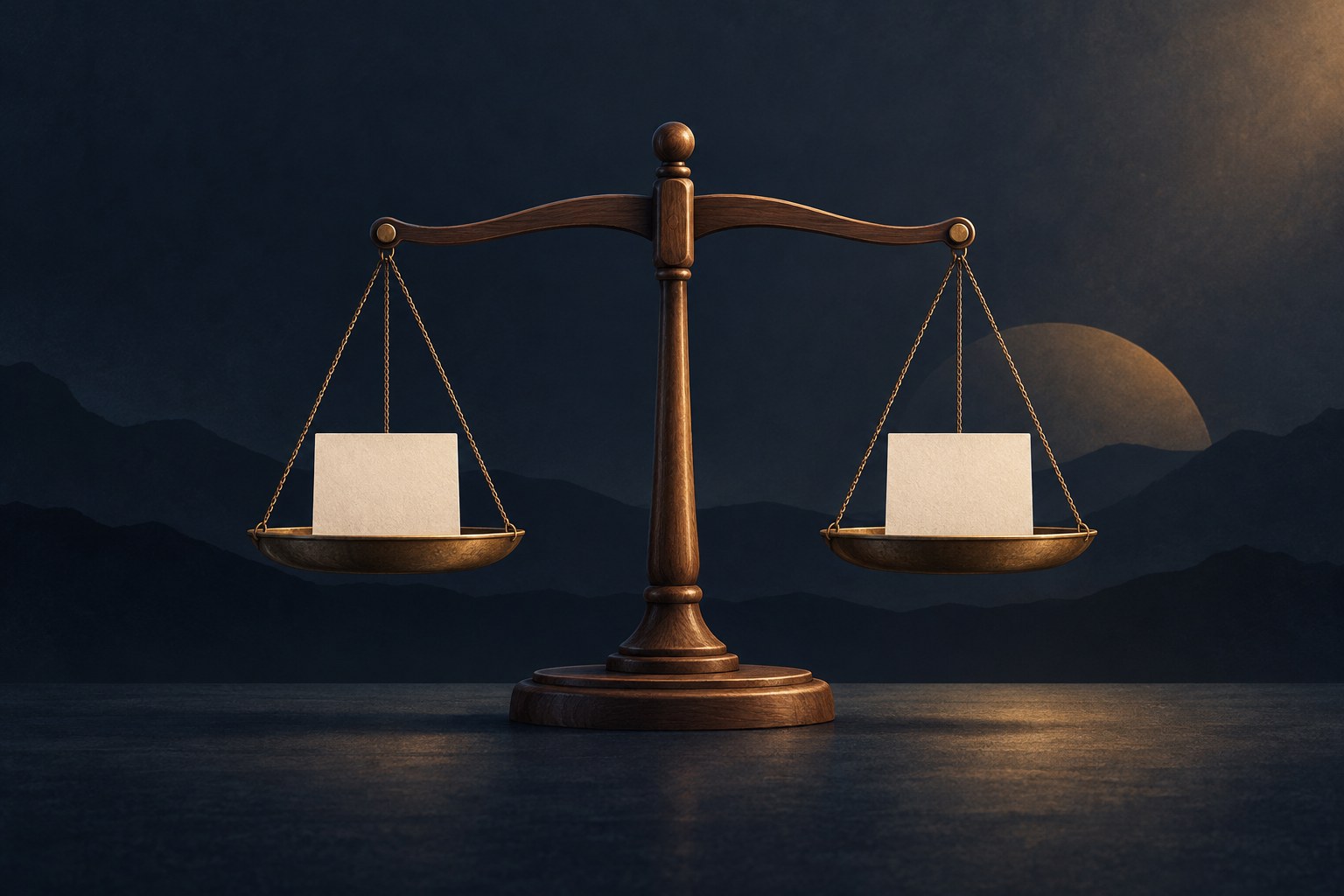 A wooden balance scale holding one small paper card on each pan, conceptual illustration of a per-post decision