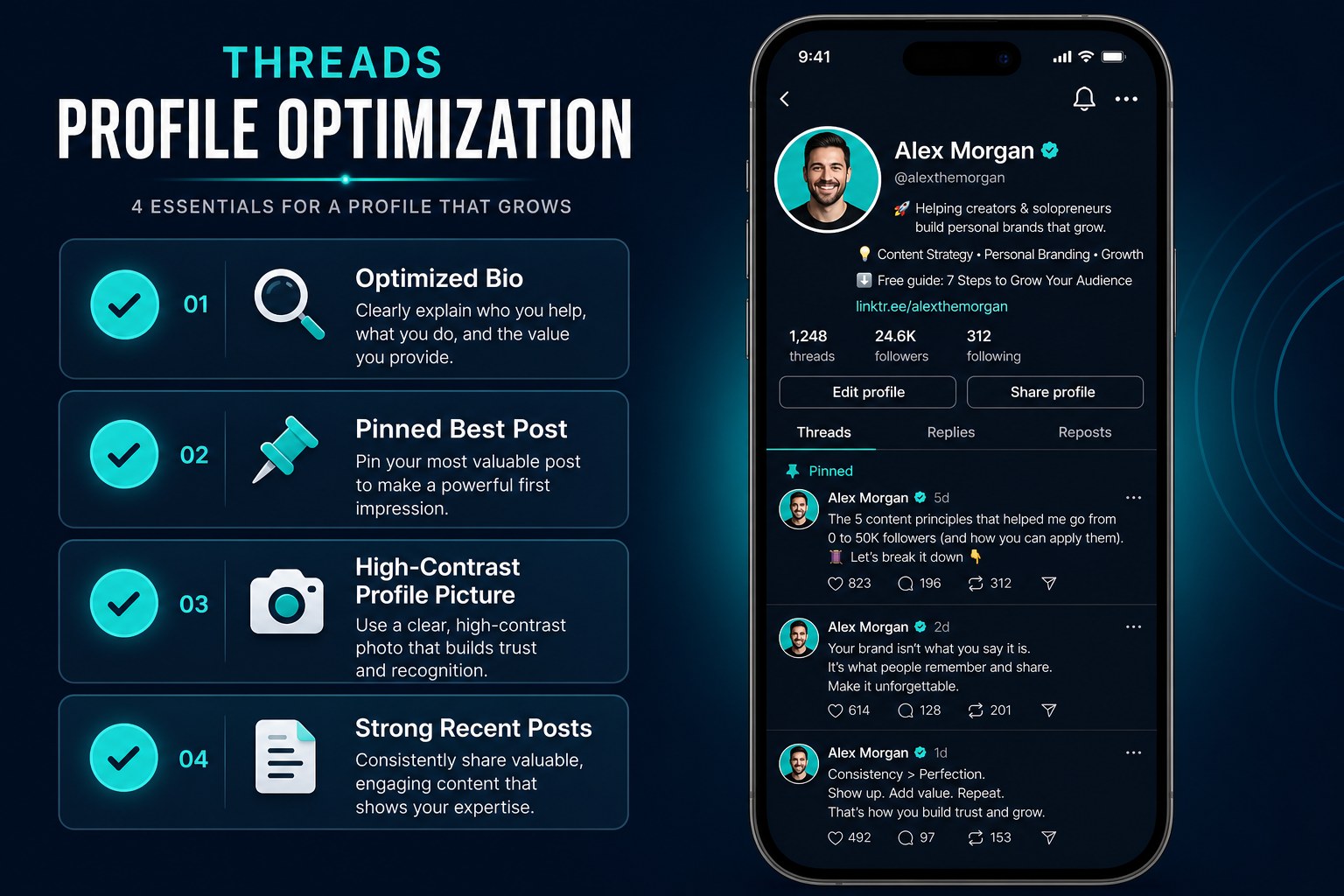 Threads profile optimization checklist showing bio pinned post profile picture and recent posts