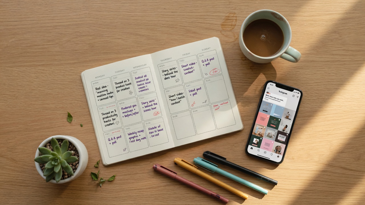 Weekly Threads content calendar template with handwritten post ideas on a wooden desk