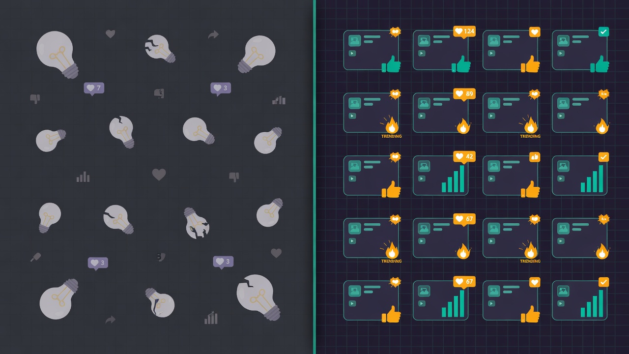 Side-by-side comparison of scattered Threads post ideas versus organized repeatable formats.