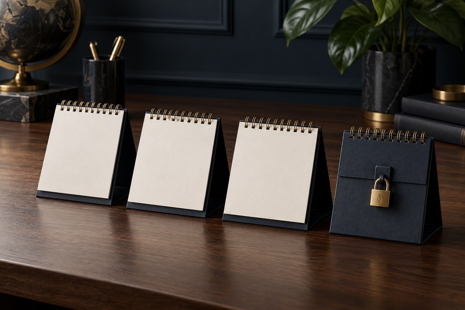 Seven small paper calendars on a desk, four standing open and three lying closed, soft studio light, no text