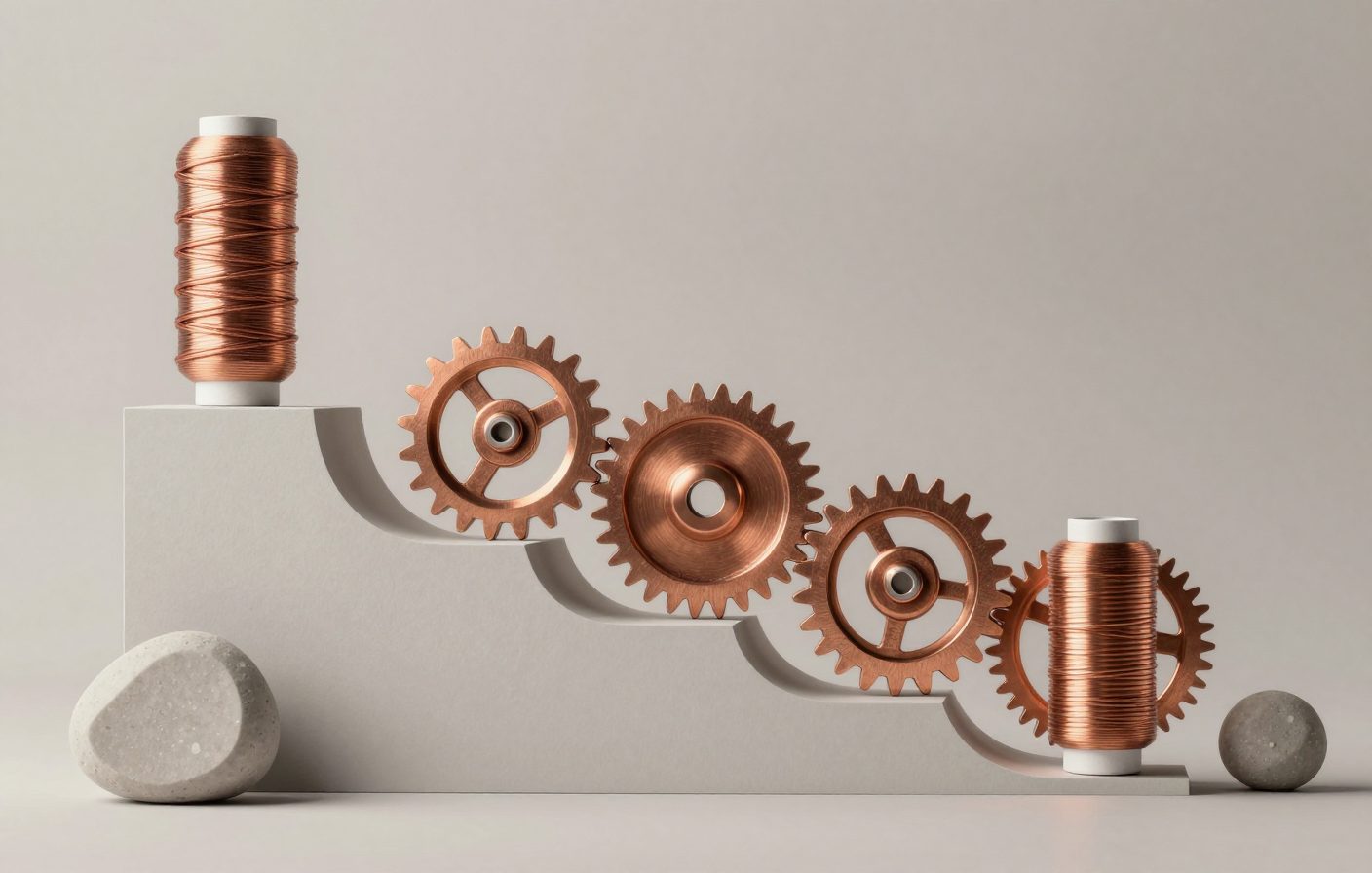 Interconnected copper gears and glass spheres, representing a content system.
