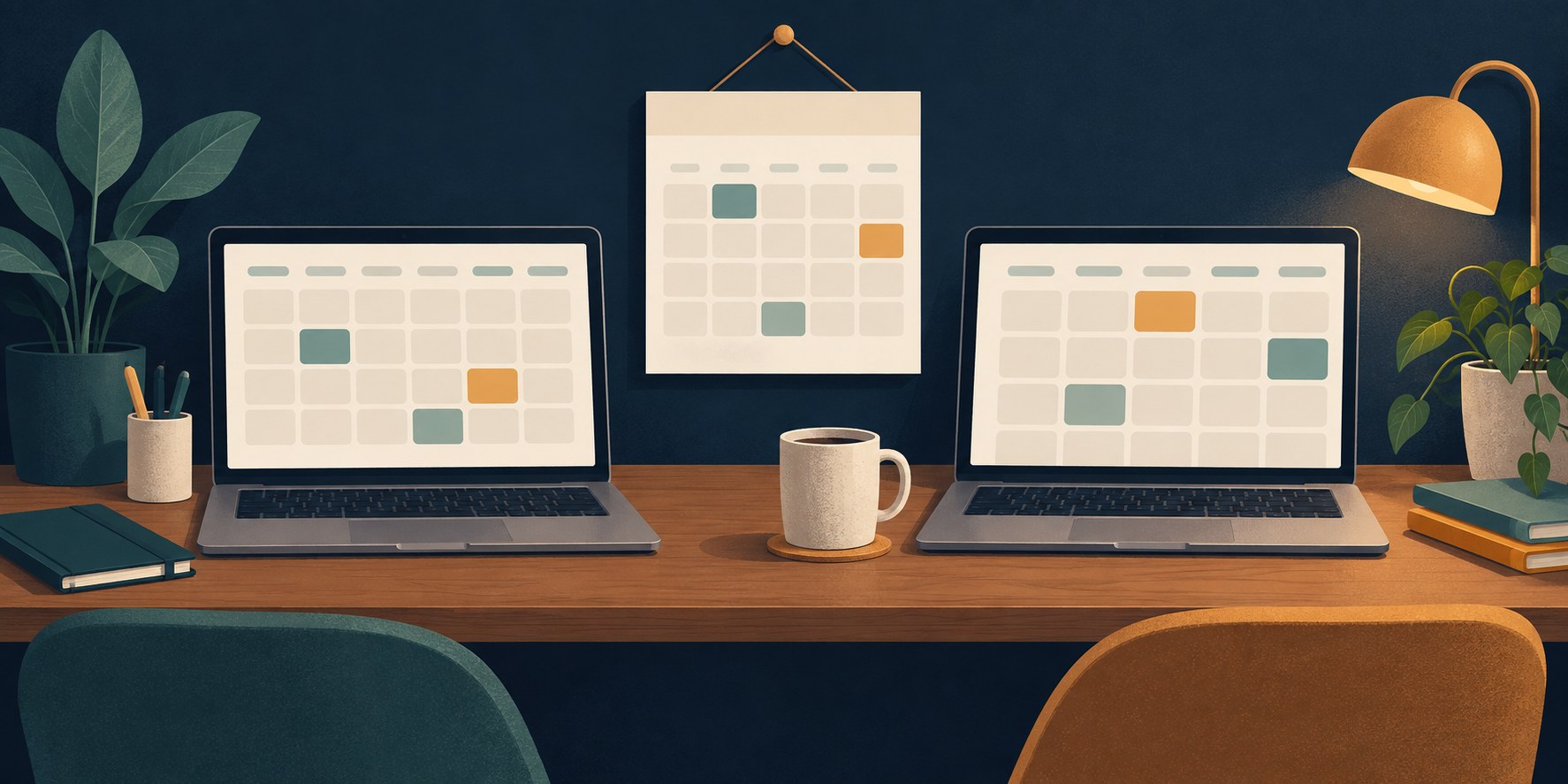 Two laptop workstations side by side sharing one paper calendar during a parallel test
