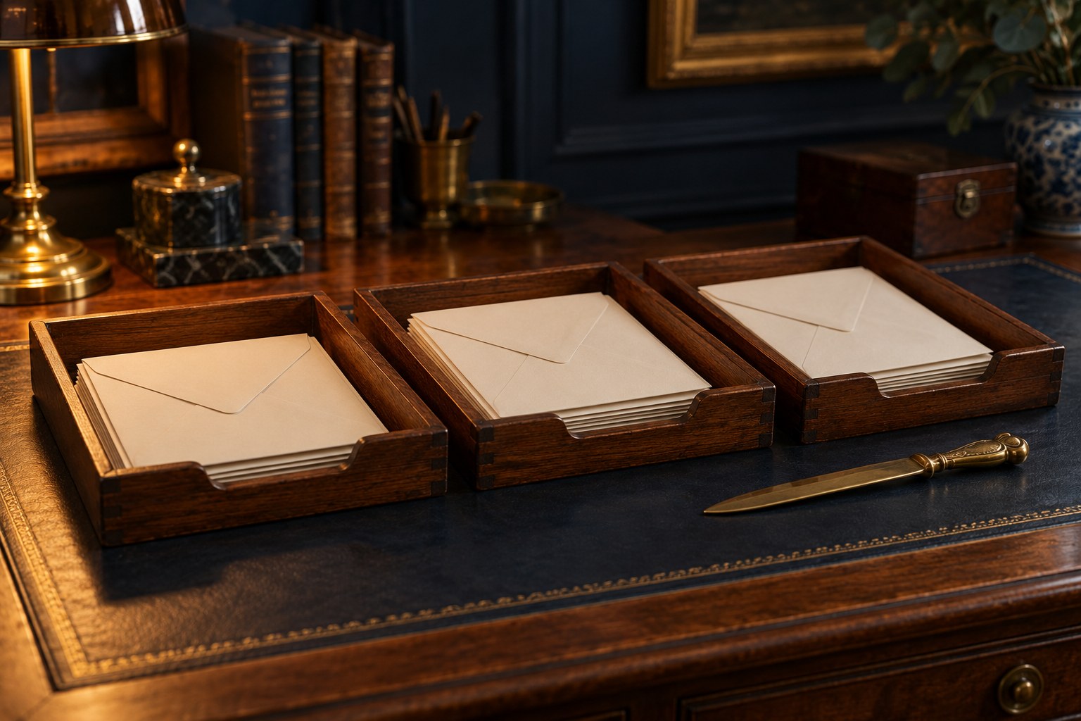 Three wooden sorting trays on a desk holding plain blank envelopes, a brass letter opener resting beside them