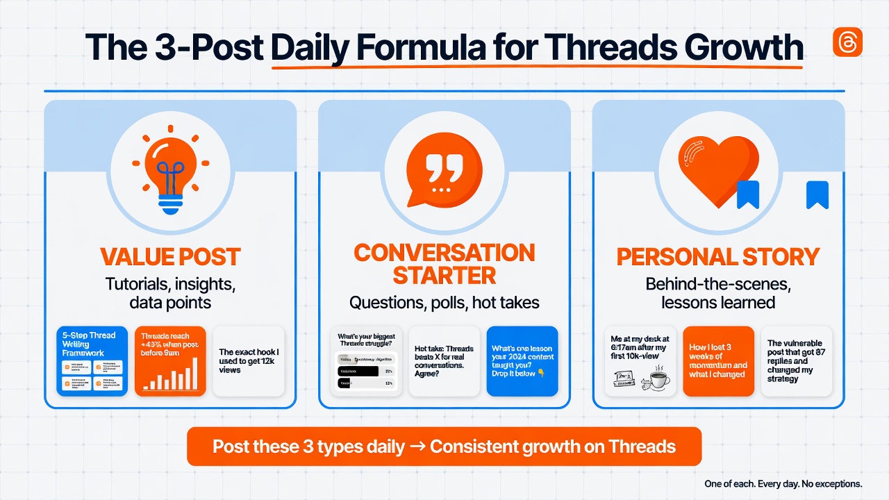Infographic showing the three-post daily formula for Threads growth with value posts, conversation starters, and stories