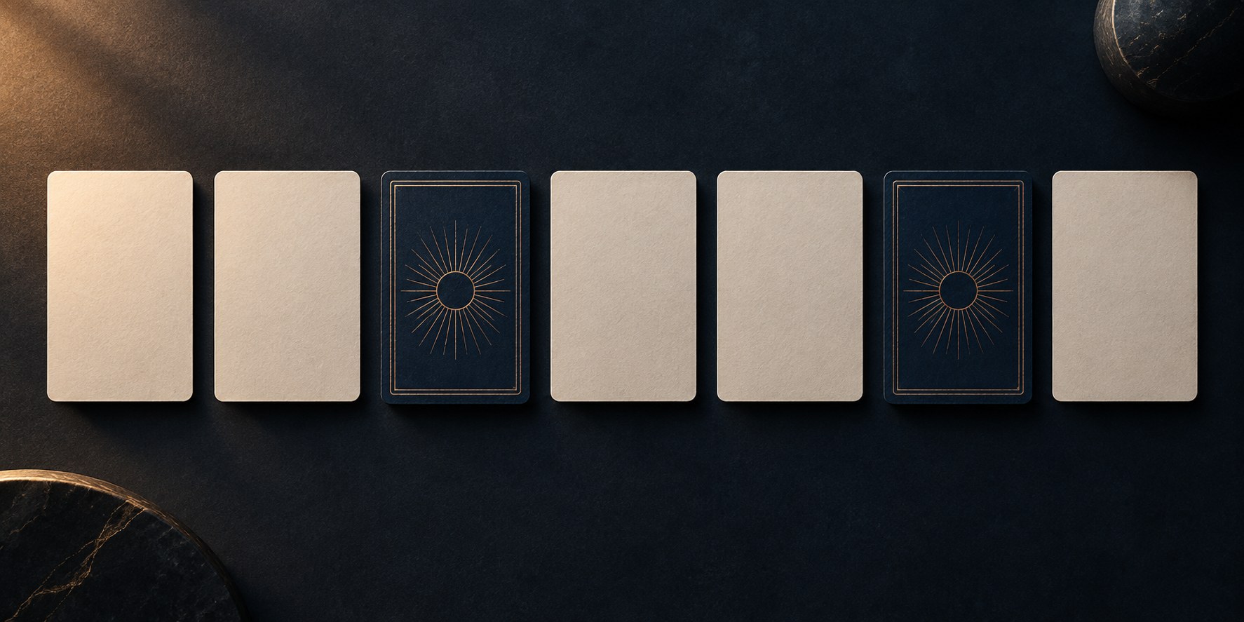 A tidy row of paper cards on a dark surface, most lying face up and two lying face down