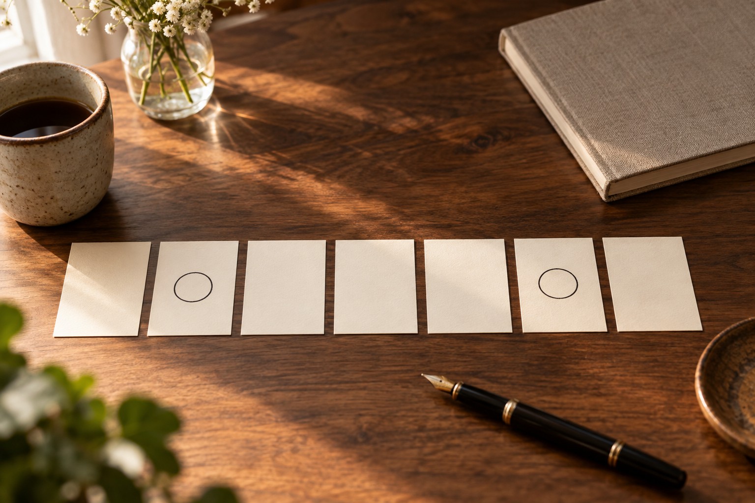 Seven small dated paper cards in a row on a desk, two of them marked with a simple circle, next to a pen and a closed notebook