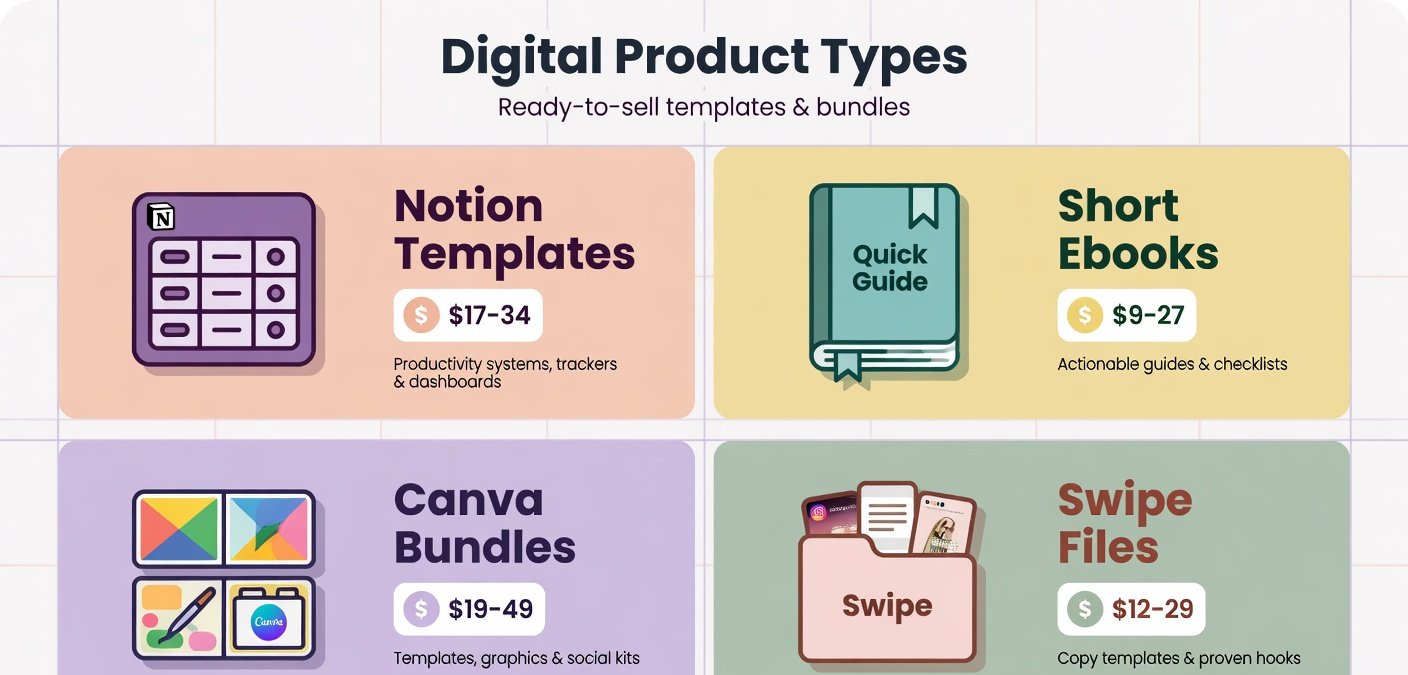 Framework showing four best-selling digital product types for Threads: Notion templates, ebooks, Canva bundles, and swipe files