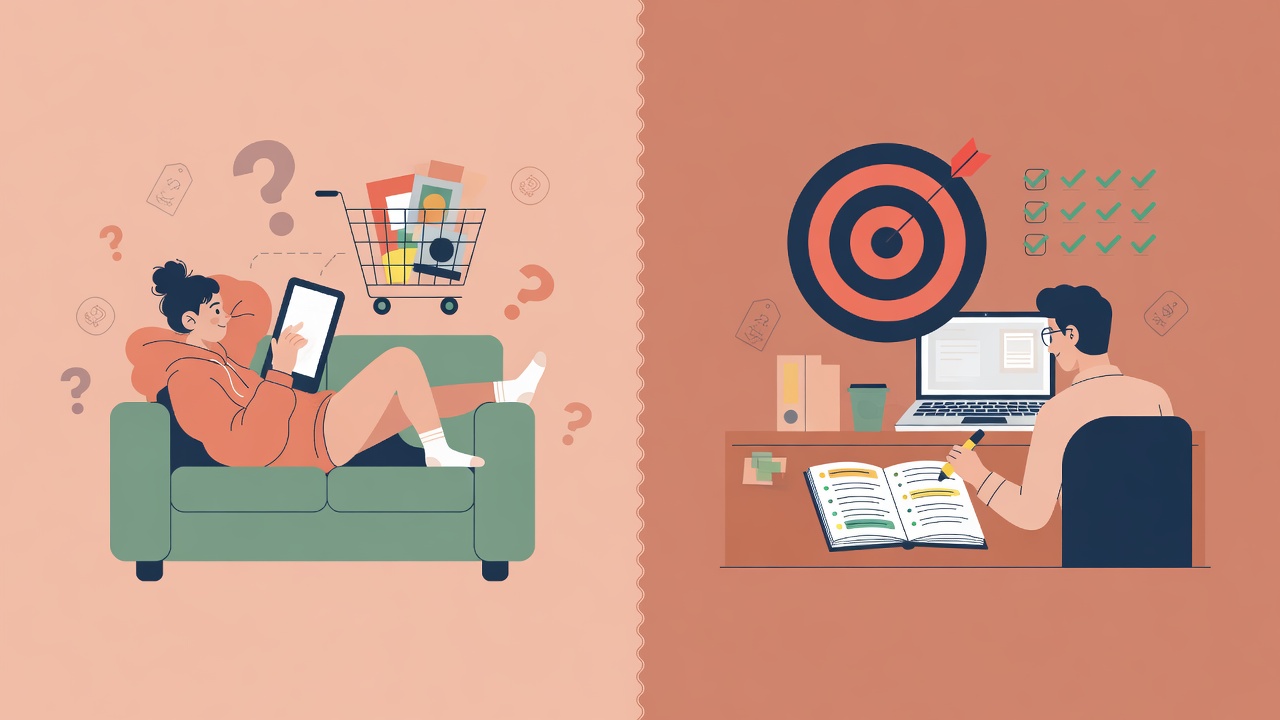 Comparison of impulse buyer at $9 versus committed buyer at $497 for digital products