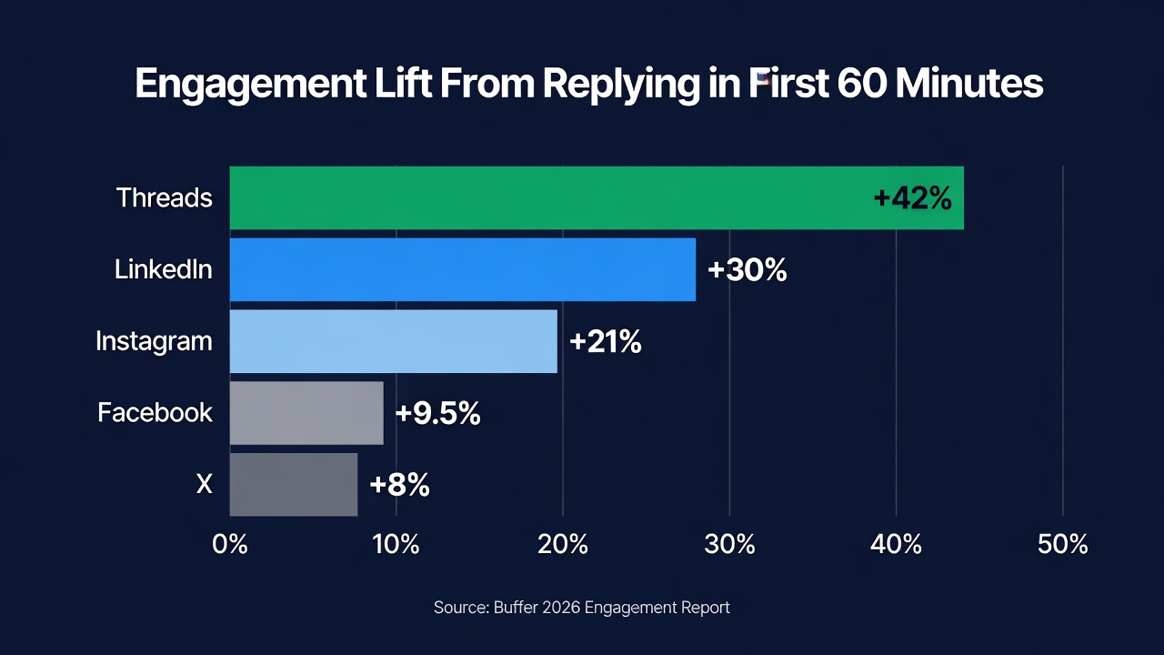 Bar chart showing reply rate lifting engagement by 42 percent on Threads in 2026.