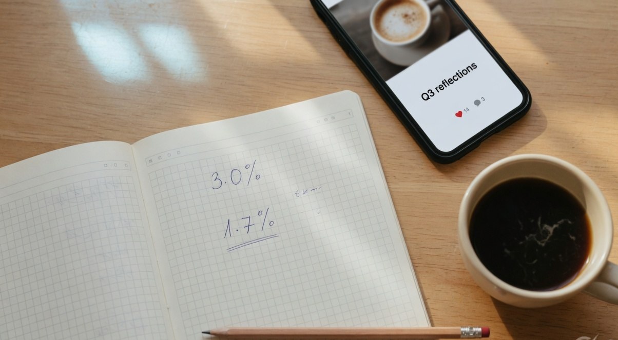 A wooden desk with a phone showing a social post, a notebook with hand-written percentage figures, and a cup of coffee