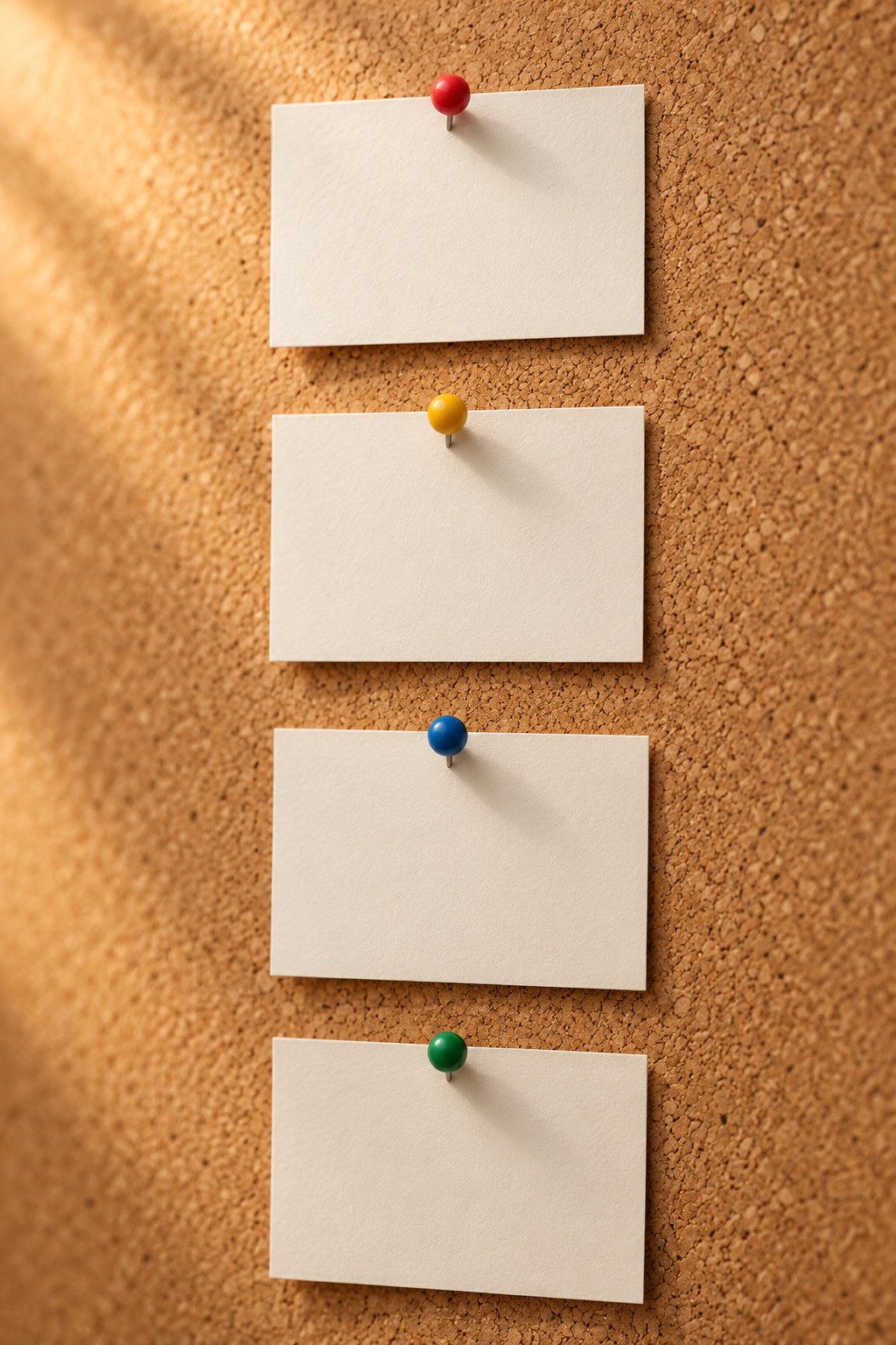 A single pinned paper card at the top of a corkboard wall above a column of plain cards