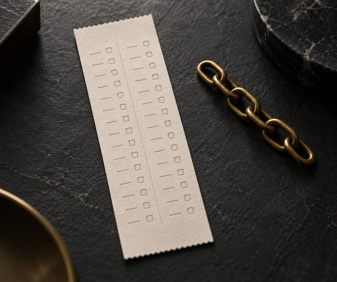 A blank receipt-style paper strip and a wooden checkbox stamp on a dark desk, no readable letters or numbers