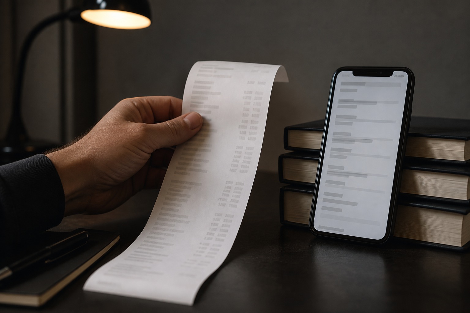 A receipt-style printout showing a $29 sale line and fee lines below it, held beside a phone displaying a post