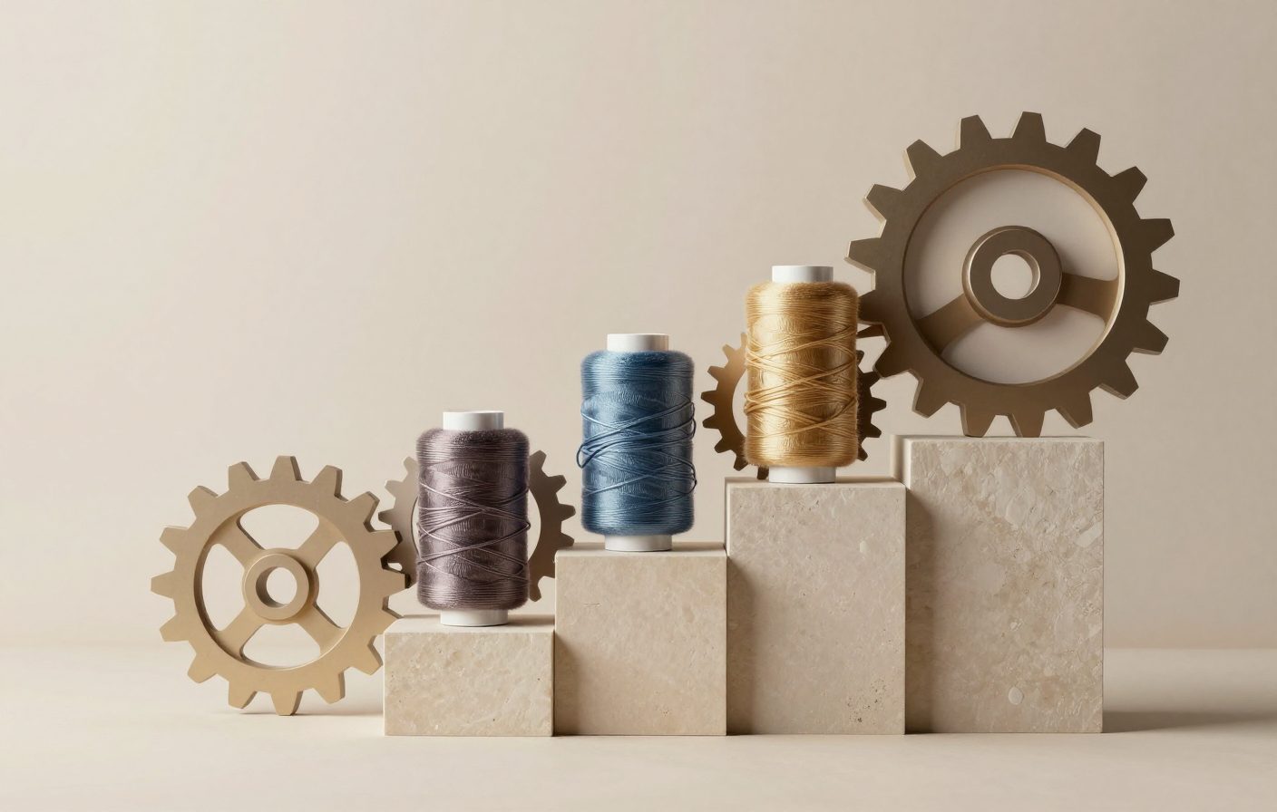 Interconnected wooden gears representing a repeatable content system for creators.