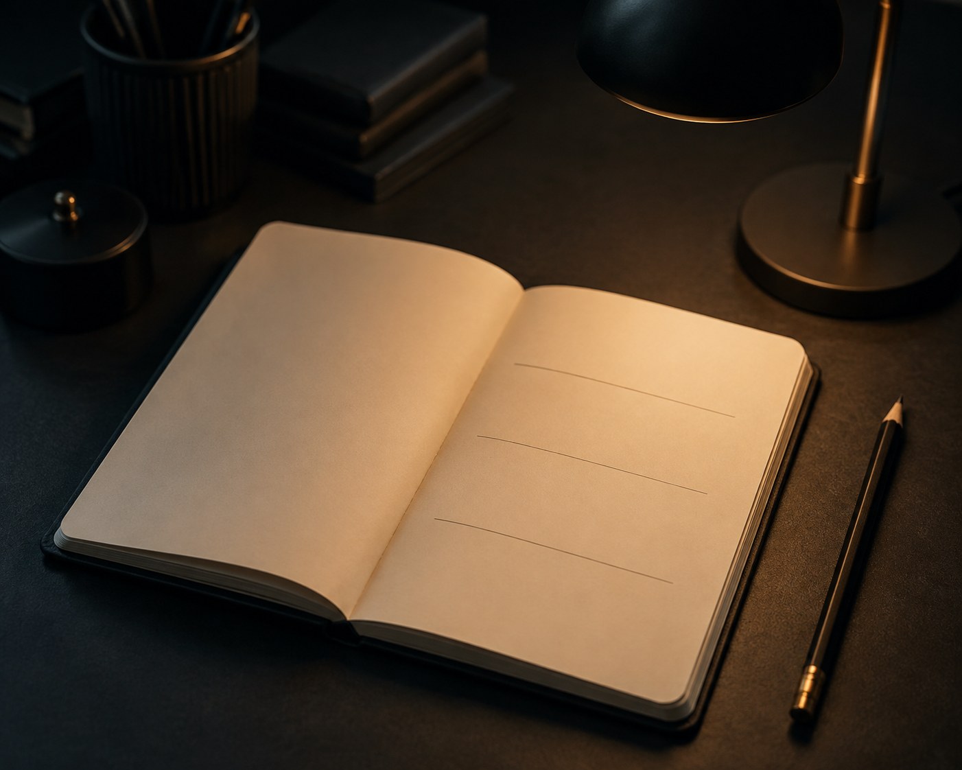 Blank notebook page with three empty handwritten row labels beside a pencil, no numbers