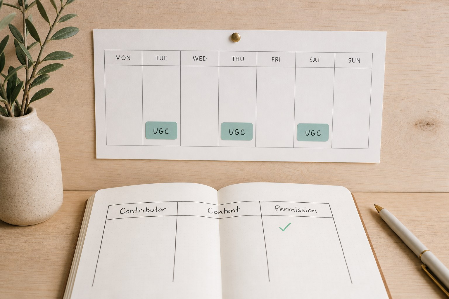 A small content calendar pinned to a wall with three UGC slots marked across a week and a notebook logging contributor permissions