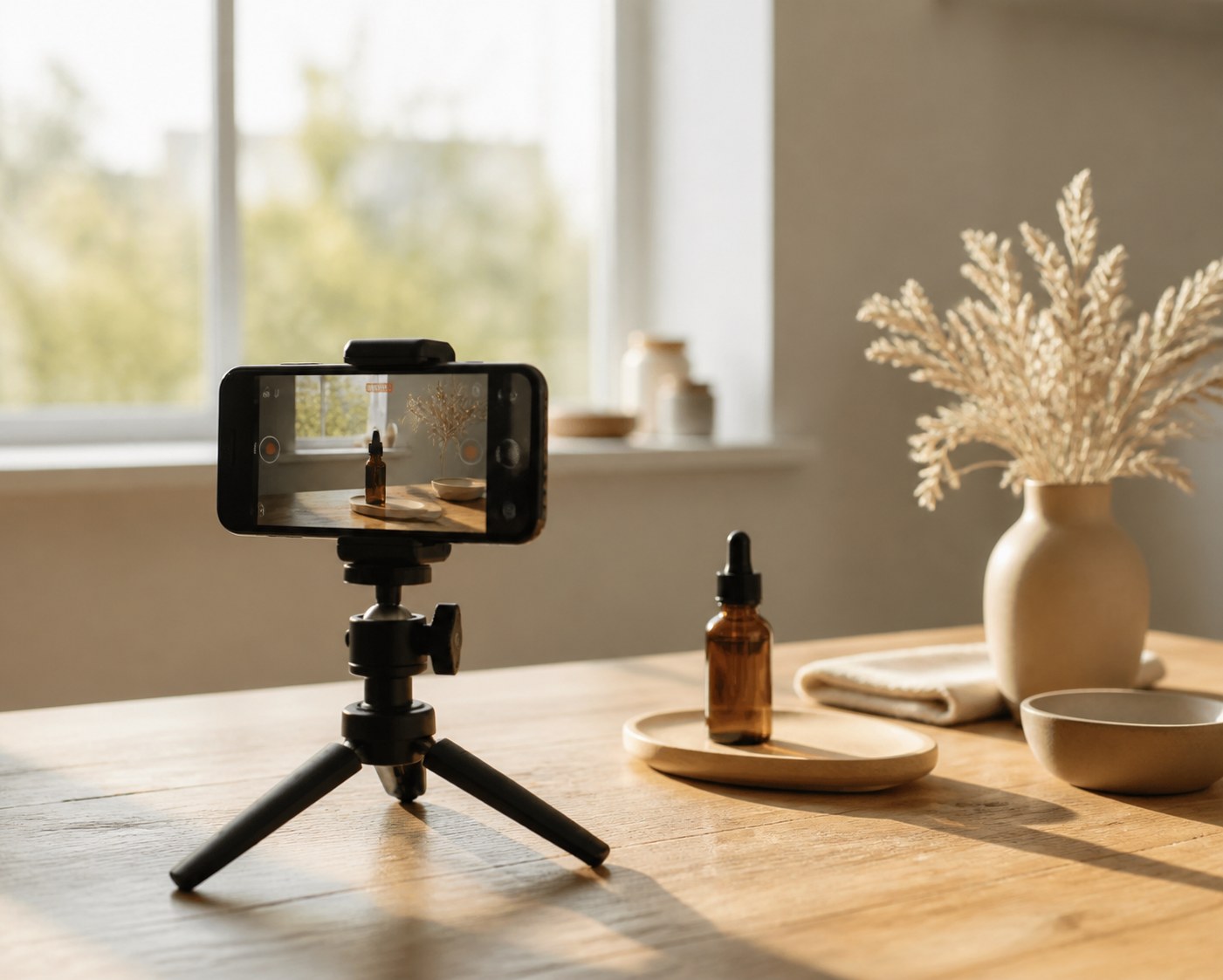 A smartphone on a small tripod filming a product video near a bright window on a wooden table