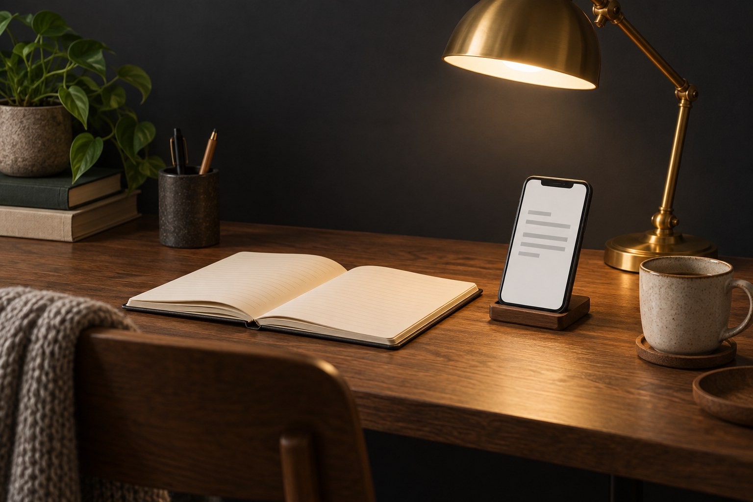 A desk with an open notebook, a phone showing a short text post, and a warm desk lamp, no visible text