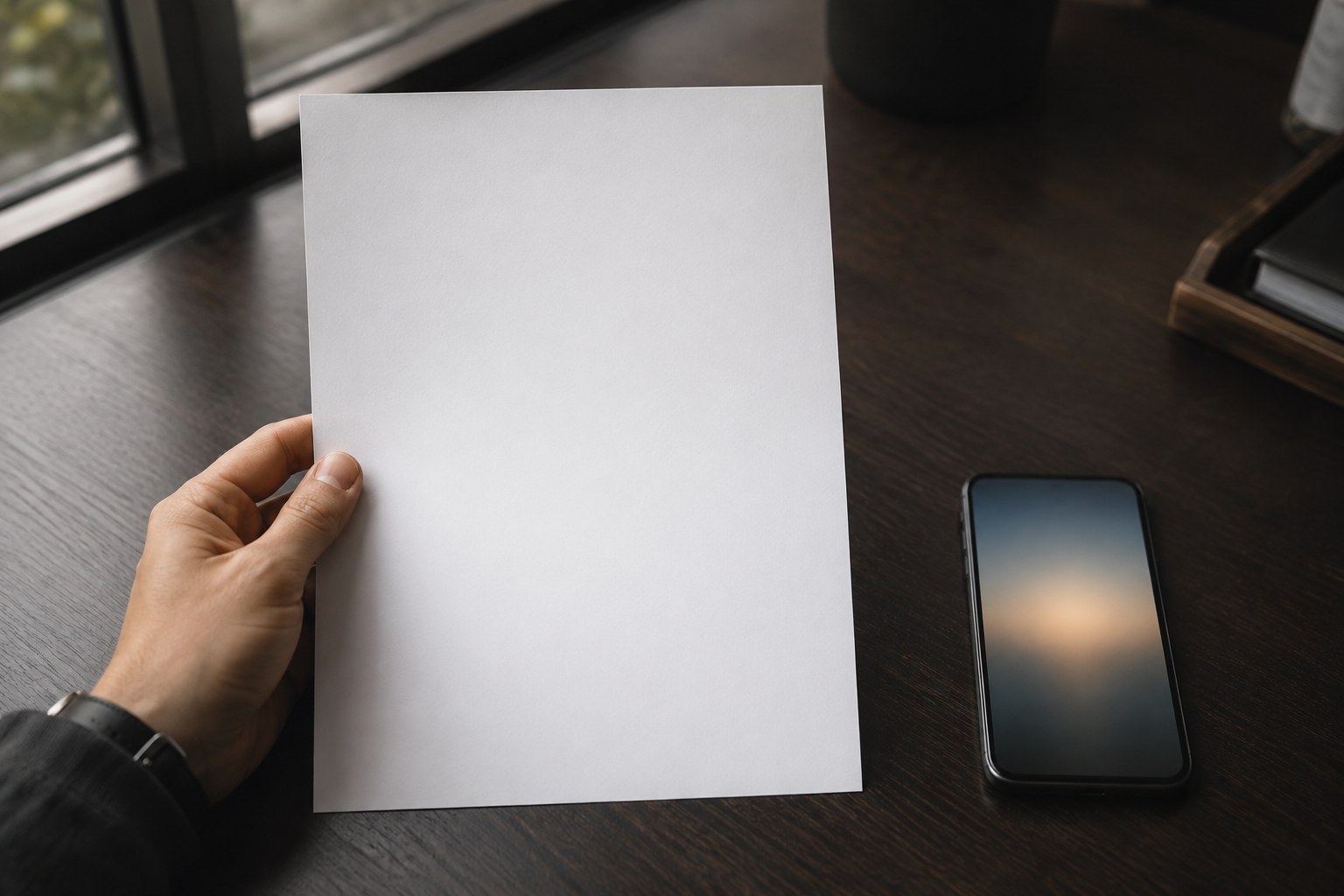 A finished single-page document held up in a hand next to a smartphone showing a social profile, indicating a ready-to-send kit