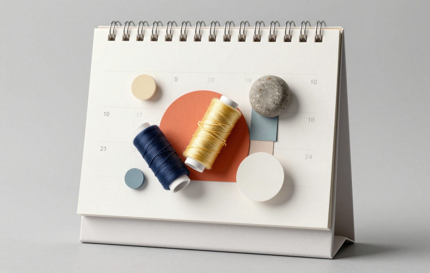 A desk calendar open to a weekly spread with Monday, Tuesday, and Wednesday circled in pencil, next to a half-empty coffee cup and a small analog clock reading 8:30 PM.
