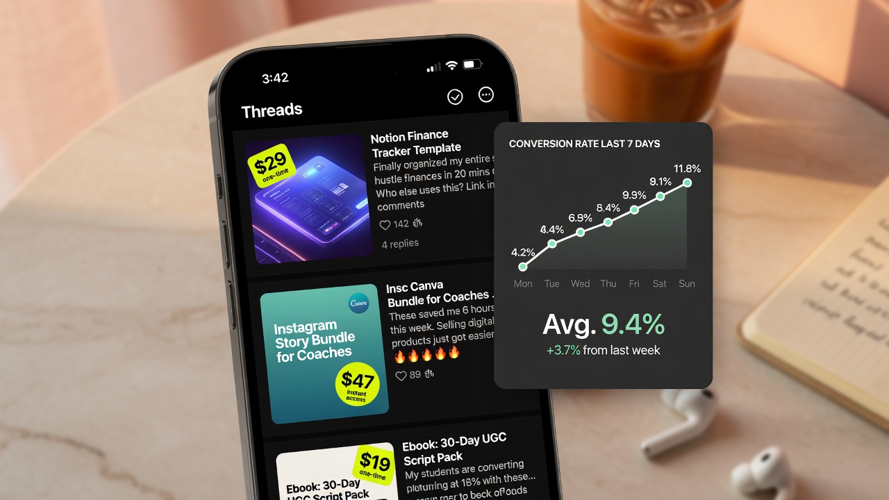 Threads pricing test framework showing phone with app posts and analytics for digital product testing