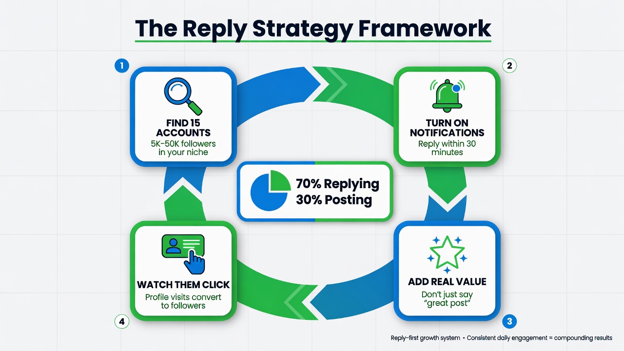 Framework diagram showing the reply strategy for Threads growth with the 70/30 rule