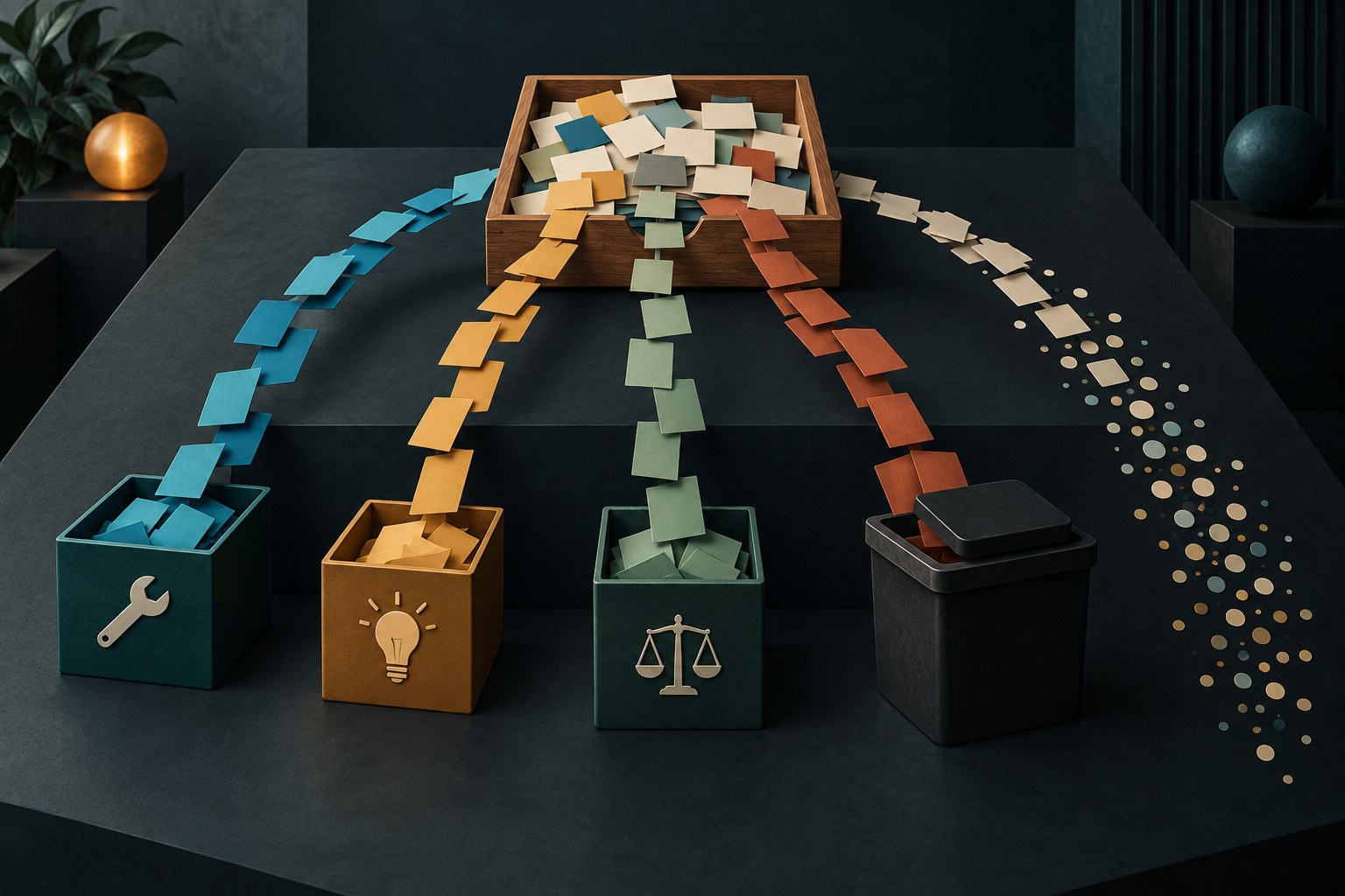 Five colored streams sorting out of one inbox tray into separate labeled-free paths in a clean editorial illustration