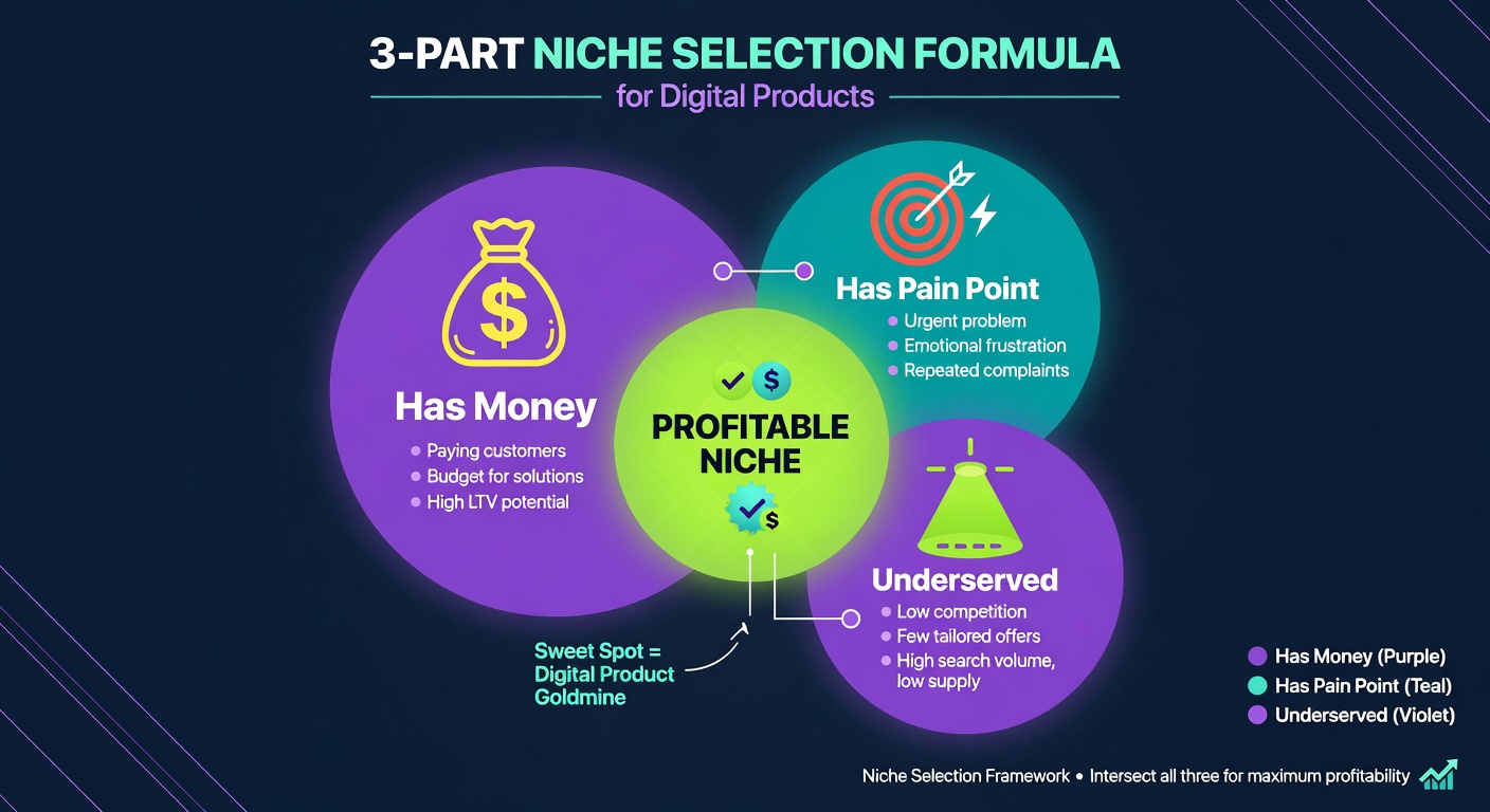 Three-part niche selection framework for profitable AI digital products with money, pain, and underserved criteria
